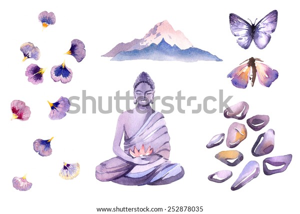 Indbildsk Slapper af retort Watercolorstyle Violet Harmony Set Buddha Figurine Stock Illustration  252878035