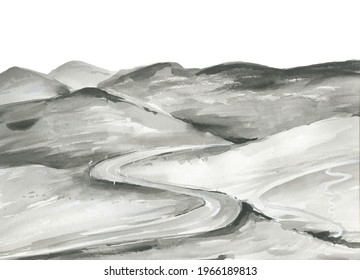 Watercolour Abstract Landscape. Road And Mountains. Watercolor Illustration On White Background. 