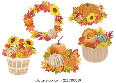 Watercolour Autumn Decoration  Illustration Set.