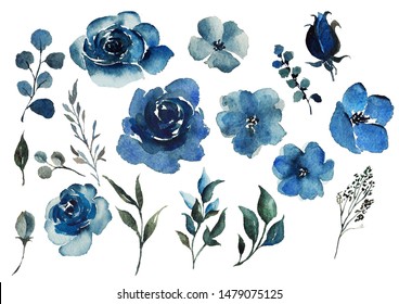 Watercolour Blue, Indigo, Navy Clip Art. Flowers, Leaves, Isolated