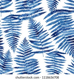 Watercolour botanical pattern. Hand painted seamless background with blue fern.