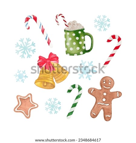 Watercolour clipart Christmas sweets and drinks. Candy canes, Christmas biscuits, bells, snowflakes. Holiday sweets hand drawn watercolours for design, polygraphy, etc.