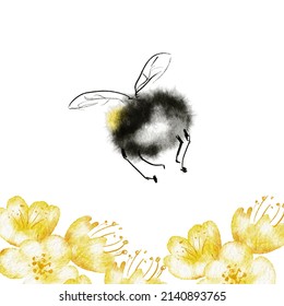 Watercolour Cute Bumble Bee And Buttercups Flowers Card Painting Illustration