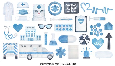 Watercolour Drawing Collection Of Various Medical Objects And Signs: Hospital Building, Lab Coat, Xray Scan, Heartbeat, Life Star, Drugs, Cat, Ambulance Car. Hand Painted Graphic Clipart For Design.