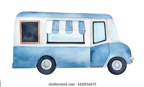 Watercolour Drawing Of Colorful Ice Cream Truck With Service Window, Striped Awning, Blank Wood Framed Chalkboard. Handdrawn Water Color Graphic Painting On White, Cutout Clipart Element For Design.