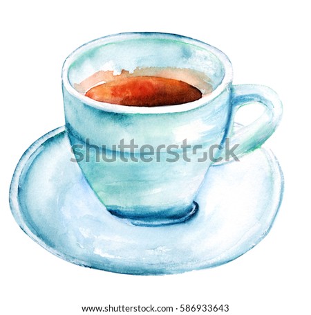 A watercolour drawing of a cup of coffee in teal hues, isolated on white