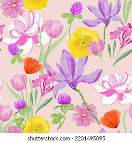 Watercolour drawing fashion aquarelle. Seamless background pattern. Fabric wallpaper print texture. Magnolia, tulip, poppy, peony, rose and other flowers. 