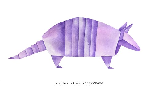 Watercolour Drawing Of Origami Armadillo. Symbol Of Safety, Protection, Clarity, Physical And Emotional Boundaries. Hand Painted Water Color On White, Cutout Clip Art Element For Design Decoration.