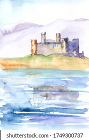 Watercolour Drawing Of A Travel Sketch Castle On The Ocean Coast In Wales Snowdonia England 