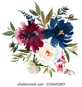 Watercolour Floral Bouquets Bordo Navy Roses Fall Arrangement Isolated On White