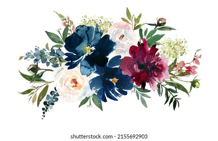 Watercolour Floral Bouquets Bordo Navy Roses Fall Arrangement Isolated On White