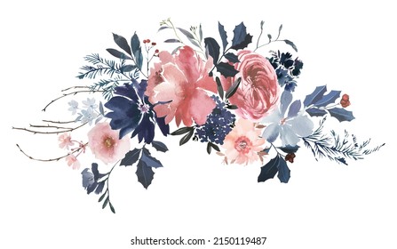 Watercolour Floral Bouquets Pink Navy Blue Roses Winter Arrangement Isolated On White