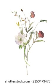 Watercolour Floral Bouquets White Red Flowers Spring Arrangement Isolated On White