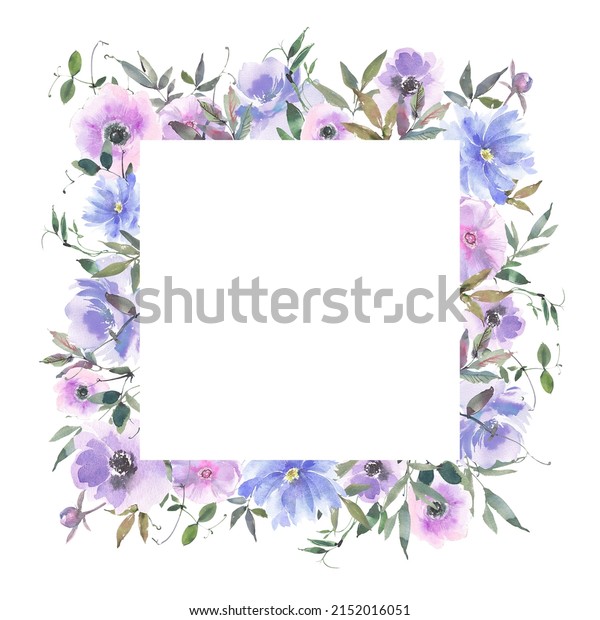 Watercolour Floral Frame Purple Blue Roses Stock Illustration ...