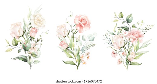 Watercolour floral illustration set. DIY flower, green leaves elements collection - for bouquets, wreaths, arrangements, wedding invitations, anniversary, birthday, postcards, greetings, cards, logo.