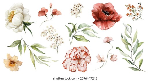 Watercolour floral illustration set. DIY blush pink blue flower, green leaves individual elements collection - for bouquets, wreaths, wedding invitations, anniversary, birthday, postcards, greetings.