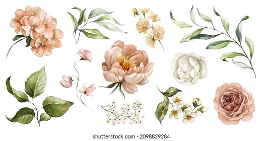 Watercolour floral illustration set. DIY blush pink blue flower, green leaves individual elements collection - for bouquets, wreaths, wedding invitations, anniversary, birthday, postcards, greetings.