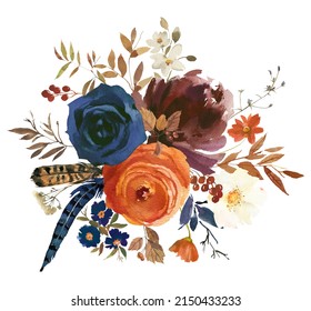 Watercolour Floral Vegetable Bouquets Navy Blue Orange Fall Arrangement 