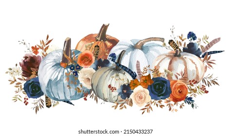 Watercolour Floral Vegetable Bouquets Navy Blue Orange Fall Arrangement 