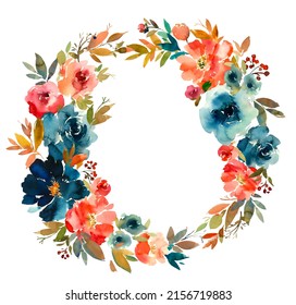 Watercolour Floral Wreath Navy Coral `Roses Fall Arrangement Isolated On White