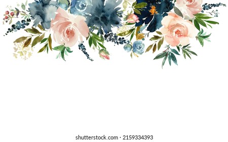Watercolour Flower Bouquets Indigo Blush Rose Summer Arrangement Isolated on White