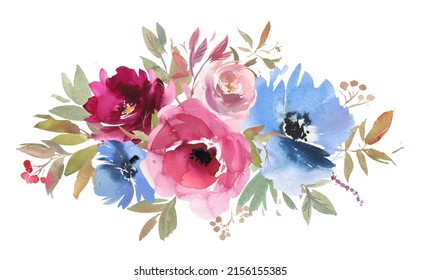 Watercolour Flower Purple Blue Roses Spring Arrangement Isolated On White