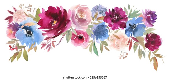 Watercolour Flower Purple Blue Roses Spring Arrangement Isolated On White