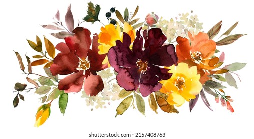 Watercolour Flowers Bouquets Maroon Yellow Roses Fall Arrangement Isolated On White