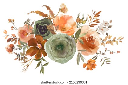 Watercolour Flowers Bouquets Orange Green Roses Fall Arrangement Isolated On White - Powered by Shutterstock