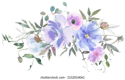 Watercolour Flowers Bouquets Purple Blue Roses Stock Illustration 