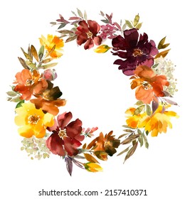 Watercolour Flowers Wreath Maroon Yellow Roses Fall Arrangement Isolated On White