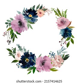 Watercolour Flowers Wreath Navy Mauve Winter Arrangement Isolated On White 