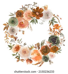 Watercolour Flowers Wreath Orange Green Roses Fall Arrangement Isolated On White