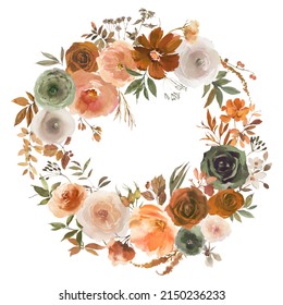 Watercolour Flowers Wreath Orange Green Roses Fall Arrangement Isolated On White - Powered by Shutterstock