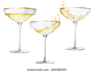Watercolour glasses of champagne on white background. Watercolor food illustration.	