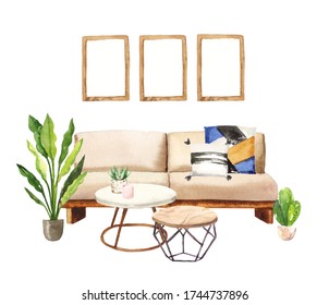 Watercolour hand painted home living room interior furniture illustration isolated on white background - Shutterstock ID 1744737896