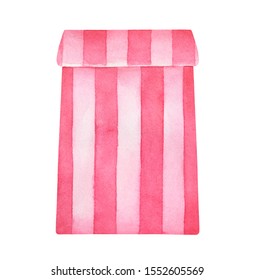 Watercolour illustration closed standing paper bag and pink stripe pattern  One single object  front view  Hand drawn water color graphic painting  cut out clipart element for creative design 