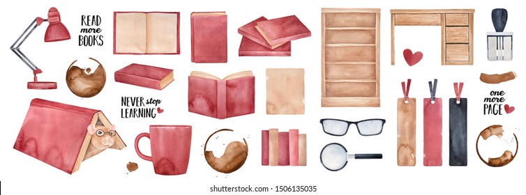 Watercolour illustration collection of many red books, wooden bookcase, funny pet rat character, loupe symbol, office table, text phrases, love hearts, coffee mug stains. Isolated clipart elements.