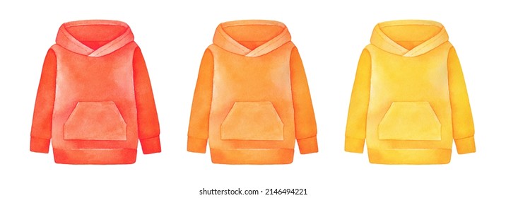 Watercolour illustration collection modern colorful casual hoodie and front pocket in various colors: red  orange  yellow  Hand painted sketchy drawing  isolated element for design  banner  print 