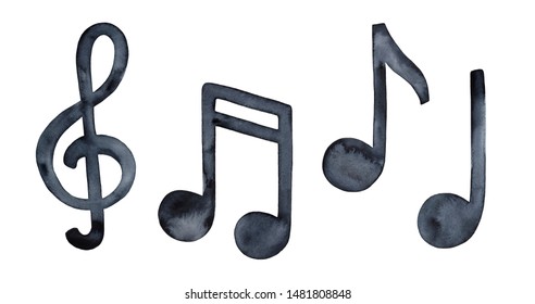 Watercolour Illustration Collection Of Musical Symbols: Clef And Music Notes. Handdrawn Black Water Color Grungy Painting On White Background, Cut Out Clip Art Elements For Creative Design Decoration.