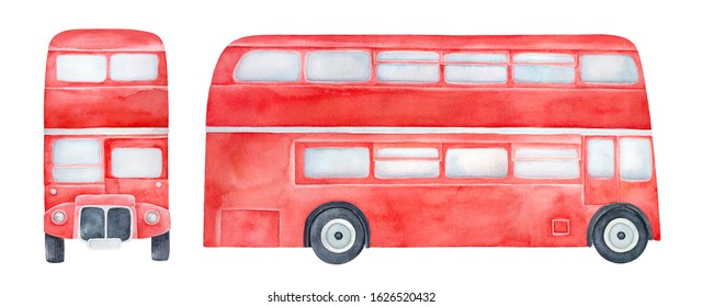 Watercolour Illustration Collection Of Various Sides Of Red Double-decker Bus. Cute Symbol Of London, Journey, Tourism. Hand Drawn Water Color Artistic Drawing On White, Cut Out Elements For Design.