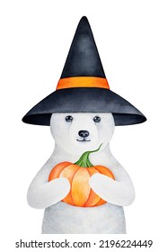 Watercolour illustration cute little White Teddy Bear character wearing black Witch Hat   holding bright orange Halloween Pumpkin  Hand painted water color graphic drawing white background 