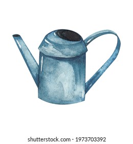 Watercolour illustration with with garden watering can for flowers, garden and dacha, isolated element on white background. Watercolour illustration with garden tools