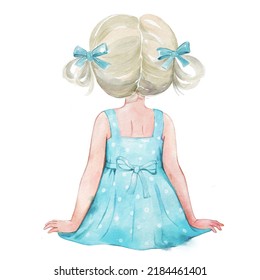 Watercolour illustration the little blond in blue dress   bows  girl sitting  Back view  Isolated 