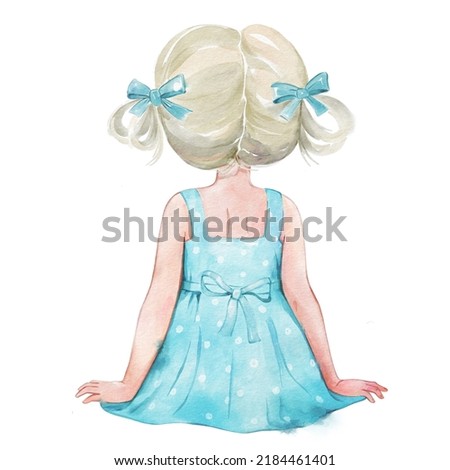 Watercolour illustration of the little blond in a blue dress and bows, a girl sitting. Back view. Isolated.