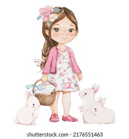 Watercolour Illustration Of The Little Brown Hair Girl, Little White Rabbits Sit Around Her. Easter Spring Girl. Cartoon Illustration