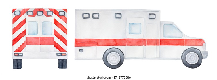 Watercolour illustration pack of different views of emergency ambulance car with blank bright red stripes and decoration. Handdrawn sketchy artistic painting, cutout clipart elements for design.