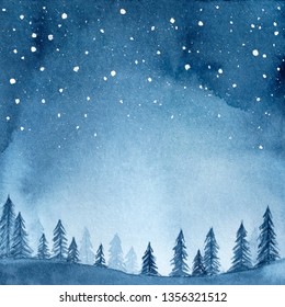 Watercolour illustration peaceful spruce forest under night sky full stars  Hand drawn water color gradient graphic drawing  backdrop for creative design  banner  poster  card  print  wallpaper 