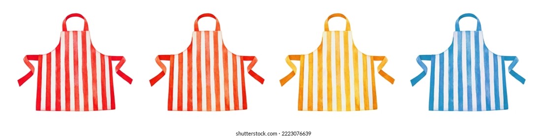 Watercolour illustration set of chef and kitchen aprons in various colors: red, orange, yellow and blue. Hand painted water colour graphic drawing, isolated clip art elements for design decoration. - Powered by Shutterstock