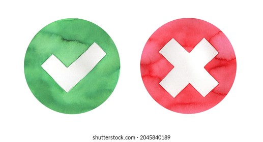 Watercolour illustration set of true and false symbols with cretive brush strokes in green and red colors. Hand painted water color graphic drawing on white background, isolated elements for design.